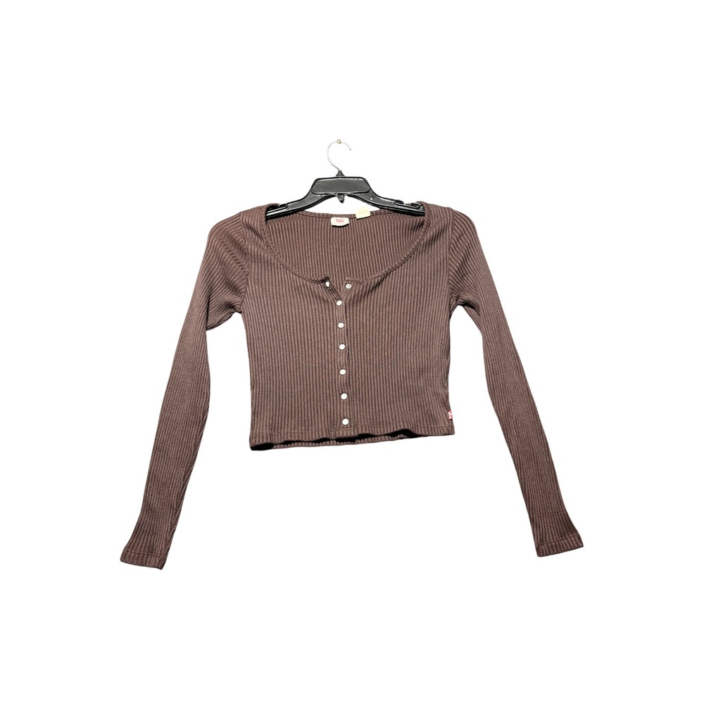Levi's Long Sleeve Ribbed Henley Top Women Small Brown Excellent Ribbed‎ Cropped